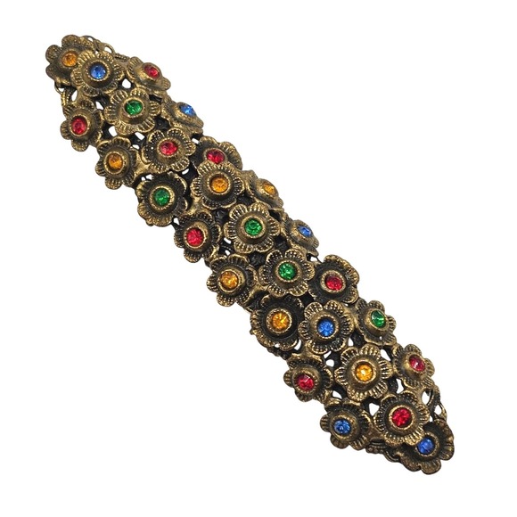 Jewelry - Vtg Czech Style Brass Floral Bar Brooch Multicolor Glass Rhinestones 3.5" Stmt